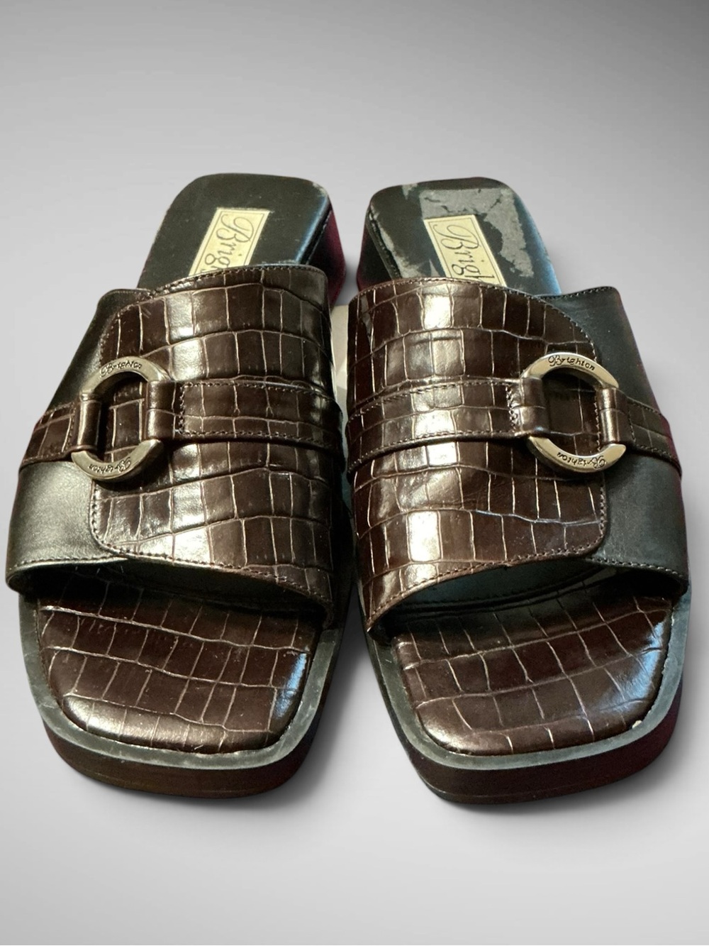 Brighton Beth Croc Embossed Leather Slide Sandals Brown Black Size 6